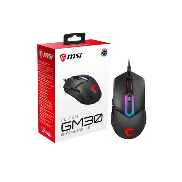 MSI Clutch GM30 Gaming Maus (kabelgebunden, PAW-3327 Sensor, 400 - 6200 DPI, 6 Tasten, schwarz, RGB Streifen) [Cyberport Abholung]