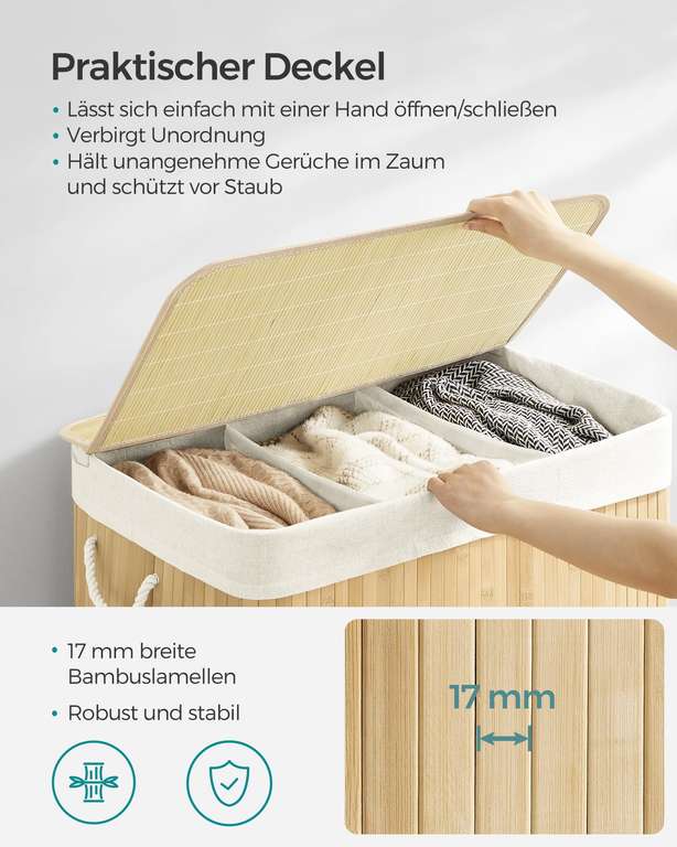 SONGMICS Wschekorb Bambus 3 Fcher  sortiert & praktisch, bei Amazon