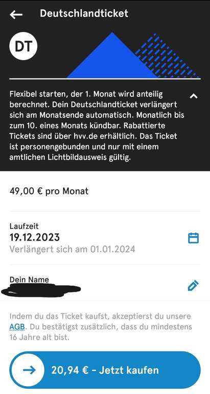 Deutschlandticket tagesanteilig buchen in HVV Switch App (Kündigung/Bestellung bis 10. des Monats nötig)