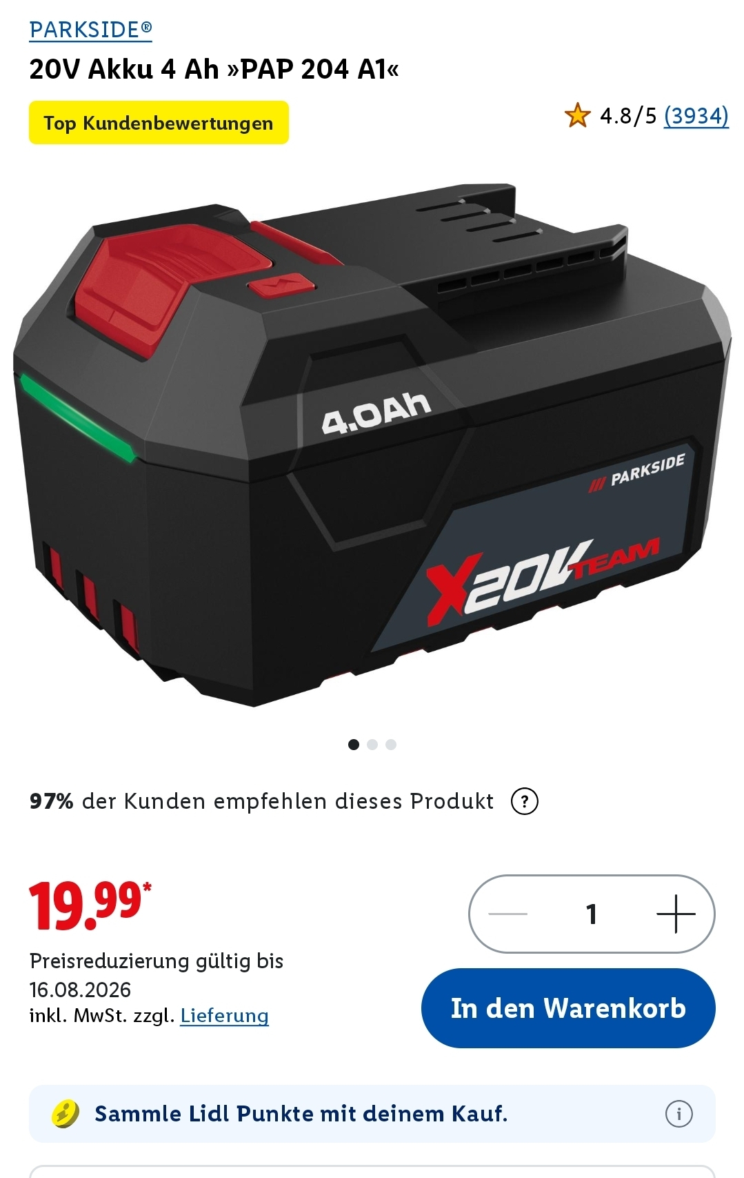 PARKSIDE 20V Akku 4 Ah »PAP 204 A1« für 19,95 + Versand