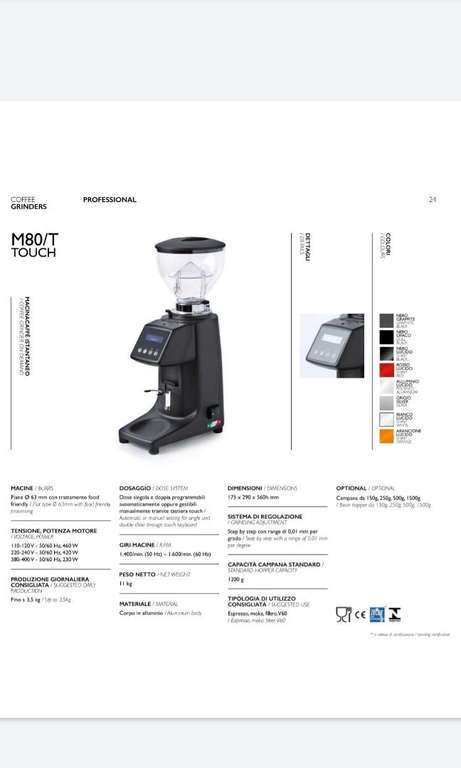 Quamar M80/T bzw M80/TP Espressomühle, mehrere Farben, kleine Gastromühle mit 63mm Mahlscheiben, Timer und Touch-Display/-screen [Rimprezza]