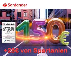 175€ Prämie! 150€ Bonus für Santander Girokonto + 25€ von Spartanien, kein Mindesteingang, kostenlose VISA Karte, Apple+Google Pay, Neukunde