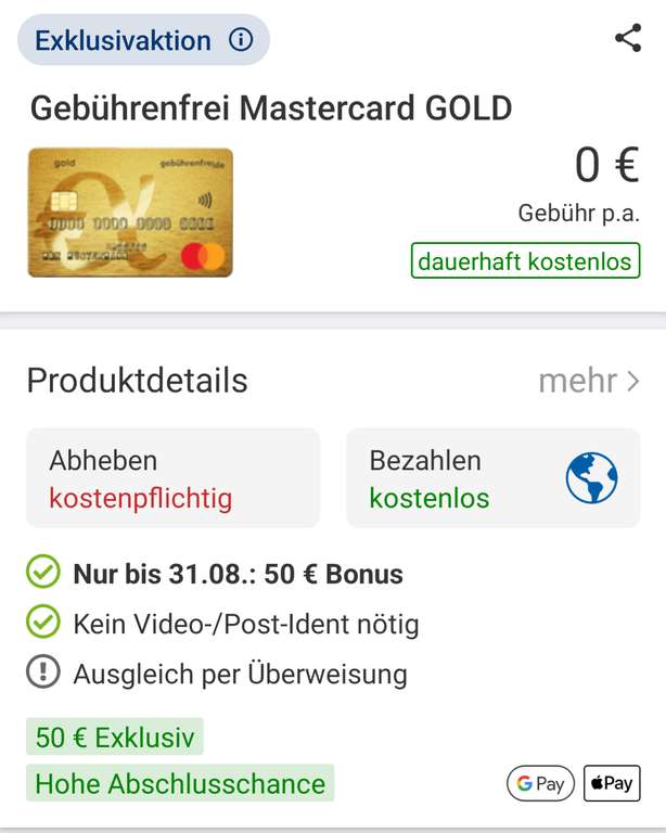 Kostenlose MasterCard Gold mit 50€ Bonus I weltweit gebührenfrei bezahlen | inkl. Reiseversicherung