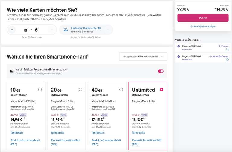 6x Telekom Unlimited 5G: Je 19,12€ M1-DSL-Vorteil / ohne 24,12€, Anschlussgebühr je 17€, monatlich kündbar, kein gemeinsamer Haushalt nötig