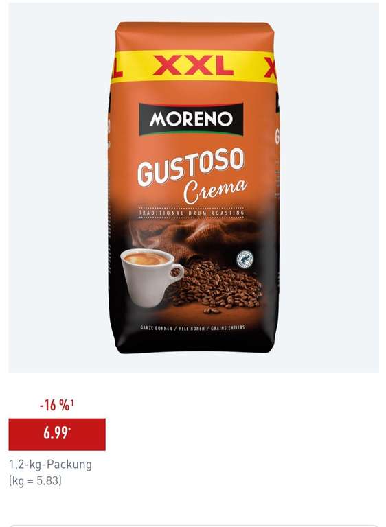 [Aldi Nord] Moreno Kaffeebohnen 1,2 kg 5,83 €/kg verschiedene Sorten: Gusto, Crema & Espresso