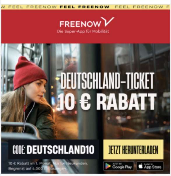 10€ Rabatt Deutschlandticket bei FREENOW (nur FREENOW Neukunden)