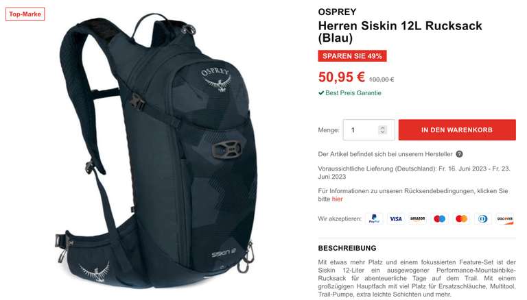 Osprey Herren Siskin 12L Fahrrad-Rucksack (schwarz oder blau)