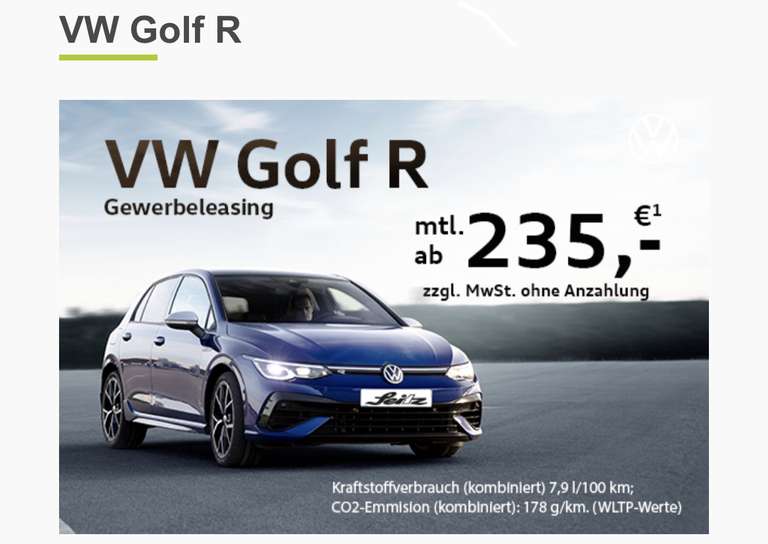 [Gewerbeleasing] Golf R 2,0 TSI (320 PS) nur 235€/mtl netto (eff. 263,98€)