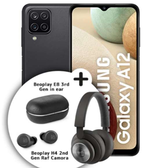 Telefonica Netz: Samsung Galaxy A12 128GB + B&O Beoplay E8 + Beoplay H4 Raf Camora für 3,99€ einmalig, 24,99€/Monat im Allnet/SMS Flat 12GB