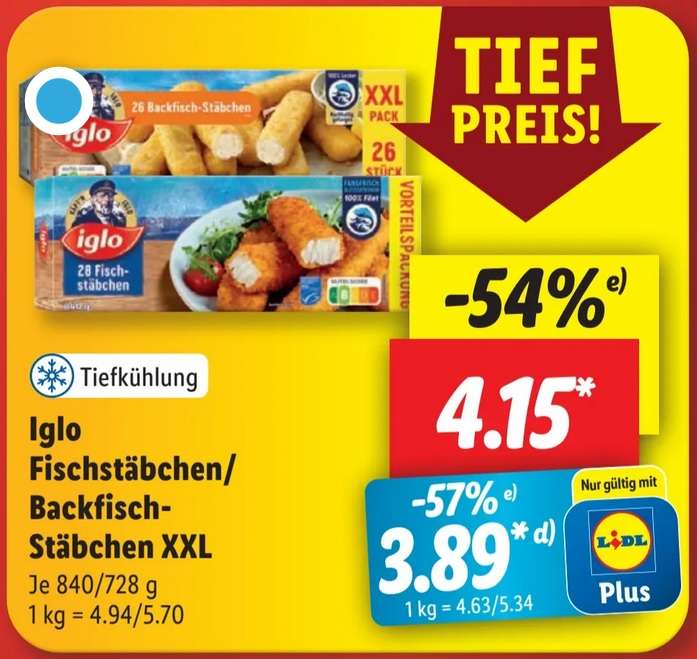 Lidl] mydealz Iglo Lidl ab 4,15€ mit (Back-)Fischstäbchen 05.04. (3,89€ Plus) XXL |