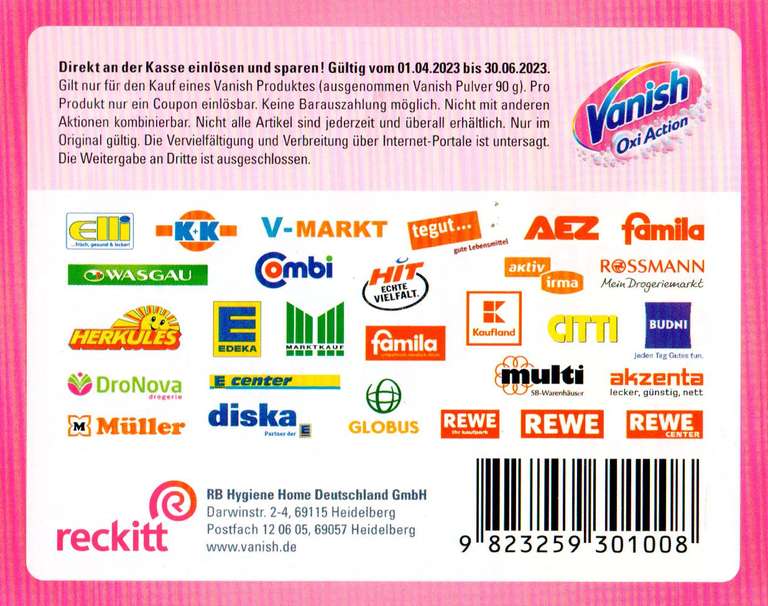 1€ Rabatt für den Kauf eines Vanish Produktes nach Wahl (ausgenommen Pulver 90g) bis 30.06.2023