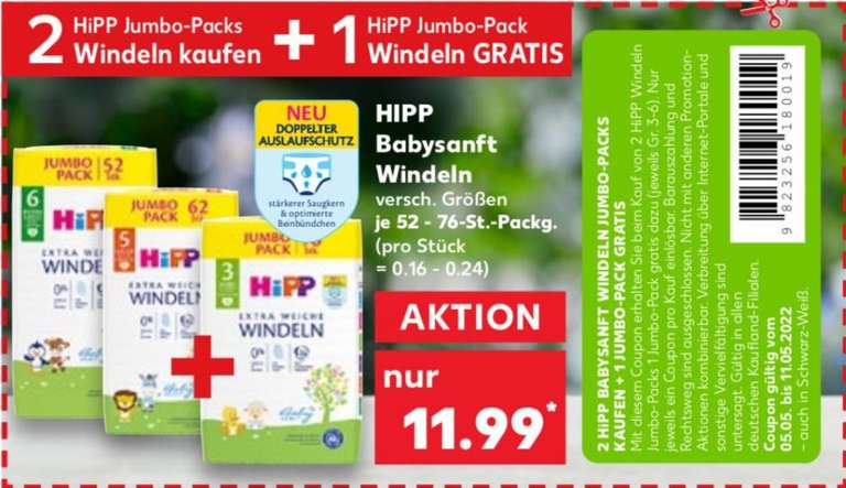 [Kaufland] 2+1 Aktion für Hipp Windeln - eff. 7,99 € pro Jumbo-Pack (Angebot + Coupon)