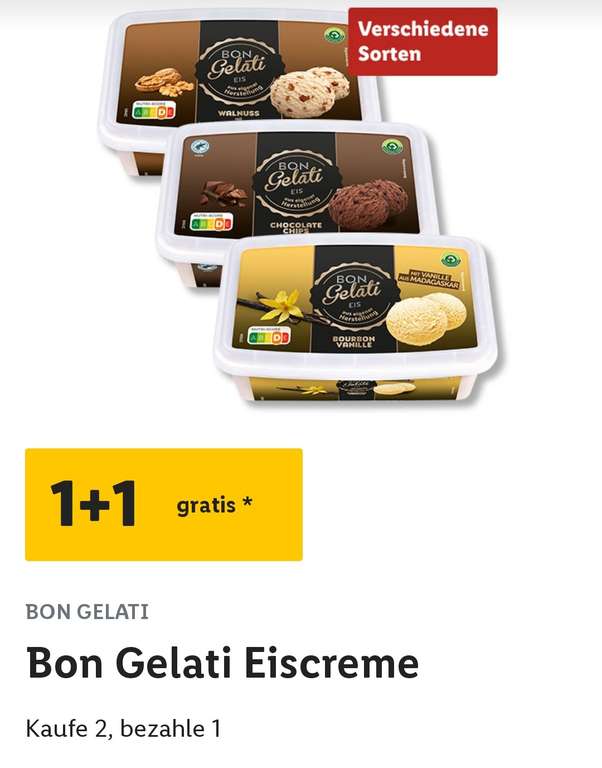 [Lidl] Bon Gelati Eiscreme 1+1 gratis (Lidl Plus App)