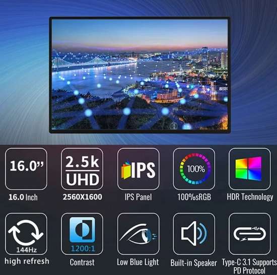 16 Zoll 2,5 k 144hz tragbarer HDR Monitor IPS SRGB Bildschirm