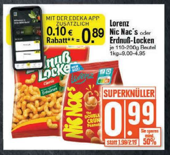 Edeka Südbayern Lorenz Nic Nac´s oder Erdnuss-Locken für 0,99€ oder mit App für 0,89€