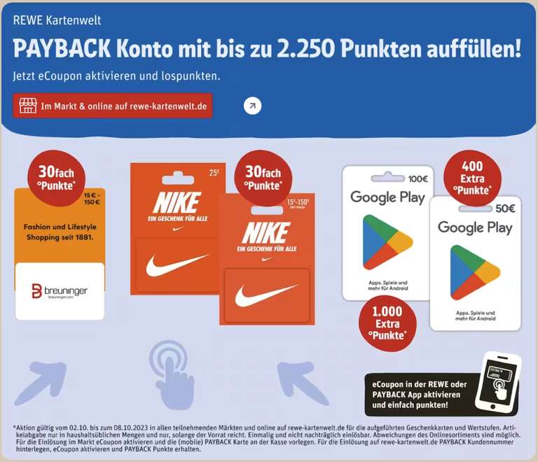 [REWE & Payback] 30-Fach Punkte auf Nike & Breuninger Geschenkkarten | 400 bzw. 1000 Extrapunkte auf Playstore Guthabenkarten