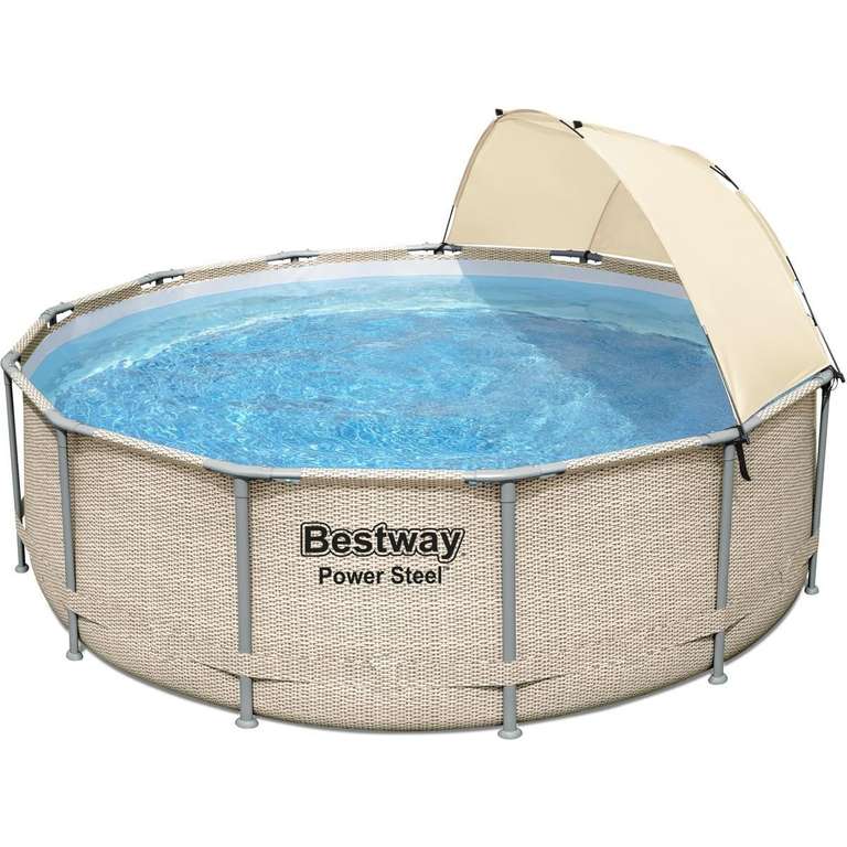 Bestway Power Steel Frame Pool (396x107cm) Komplett-Set mit Überdachung, rund, inkl. Filterpumpe, Rattanoptik beige