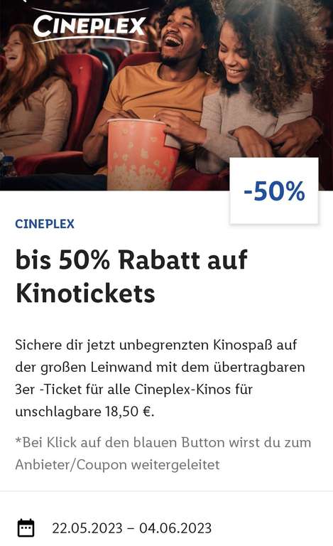 Deutschlandweit, Kino, Cineplex 3er-Ticket, Lidl Partnervorteil