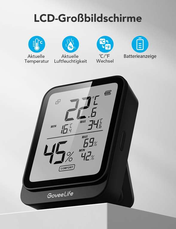 [ Amazon Prime ] GoveeLife Digitales Thermometer Hygrometer Innen, Bluetooth (weiß oder schwarz)