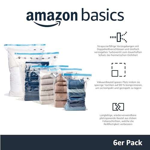 verschiedene Sets von Amazon Basics Vakuumbeutel für Kleidung mit luftdichtem Ventil und Handpumpe zB Jumbo für 13,04€ (Prime)