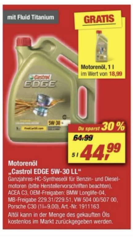 [TOOM] Motorenöl Castrol EDGE 5W-30 LL , 5L + 1L , gültig ab dem 11.03.23 bis zum 17.03.23