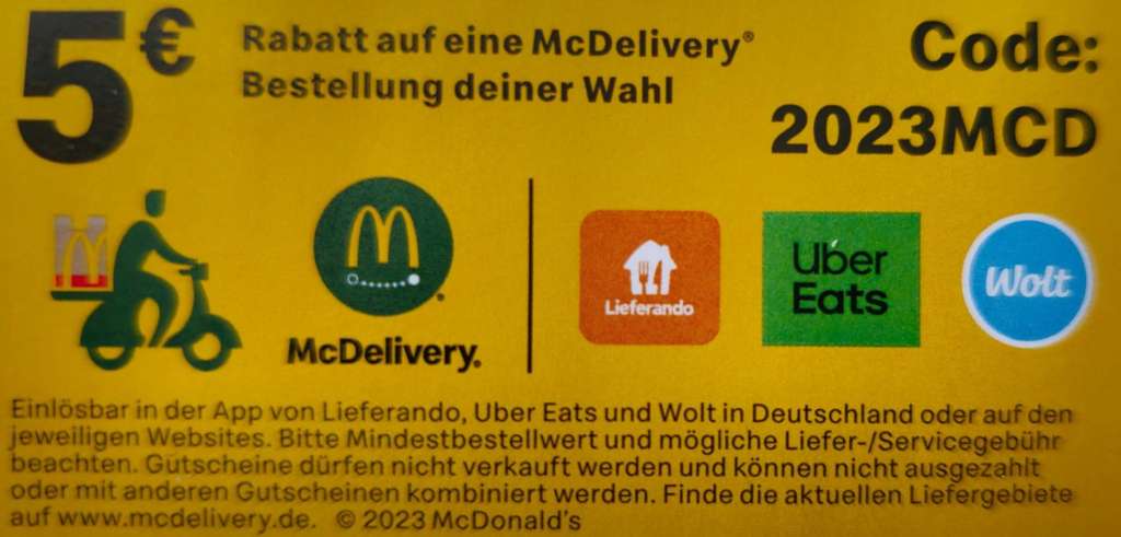 McDonalds] 5 Euro Gutschein via Lieferando, Wolt & uber eats | mydealz