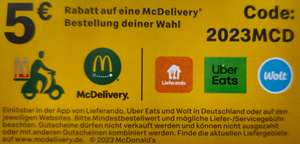 [McDonalds] 5 Euro Gutschein via Lieferando, Wolt & uber eats | 3€ Gutschein für den 07.06.2023