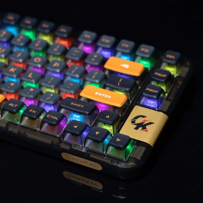 GamaKay GK75 Custom-Keyboard / PC-Tastatur - 75% Layout (80 Tasten), RGB, Gelbe Gateron Schalter, KSA Pudding Keycabs, Akku, BT/Funk/Kabel