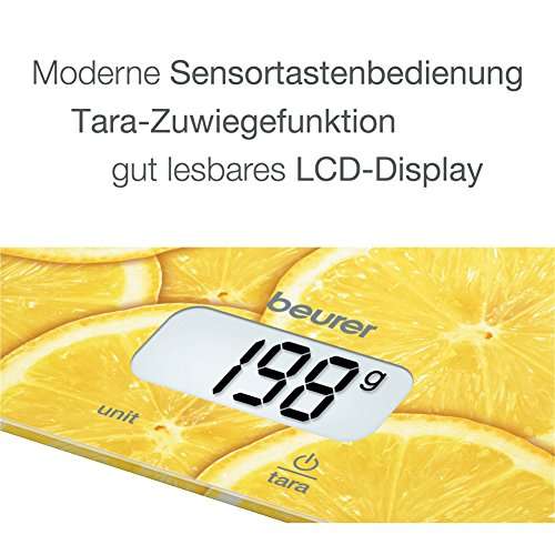 Beurer KS 19 Lemon digitale Küchenwaage (Tara-Zuwiegefunktion, Sensortastenbedienung, 5 kg Tragkraft) [Prime]
