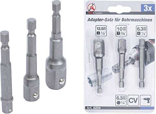 BGS DIY | Adapter-Satz für Bohrmaschinen | 6,3 mm (1/4") | 6,3 mm (1/4") / 10 mm (3/8") / 12,5 mm (1/2") | 3-tlg.