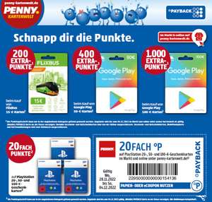 [Penny Kartenwelt] Bis zu 1000 extra Payback Punkte auf Google Play | 200 extra Punkte auf 15€ Flixbus | 20 fach auf PlayStation Karten