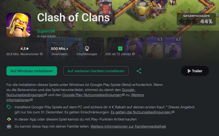 4€ / 5€ Rabatt in Clash of Clans oder anderen mobile Games in der Google Play für Windows Beta