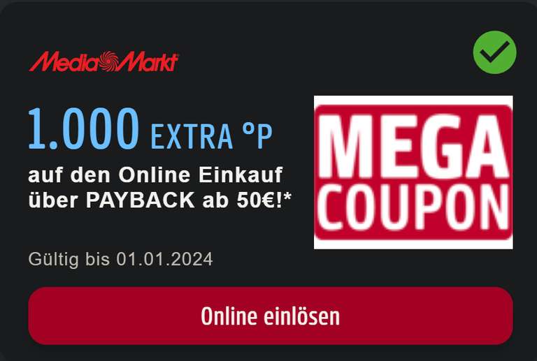 Payback / MediaMarkt MEGA Coupon 1.000 Punkte ab 50€ gültig bis 01.01. Personalisiert