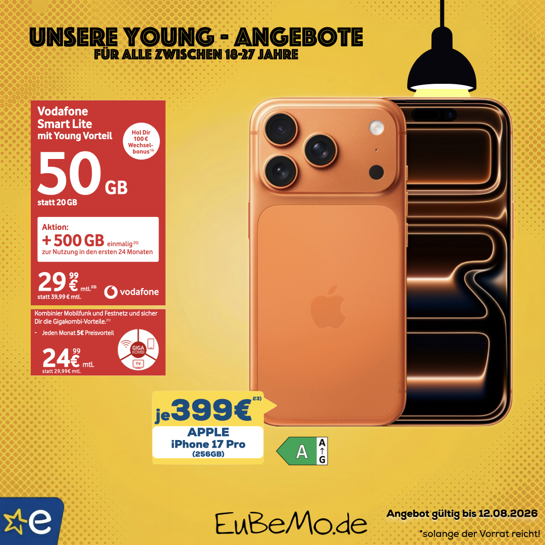 [73€ Gewinn] Lokal NRW, GK & Young: Apple iPhone 17 Pro mit Allnet-Flat 50GB & 500GB Bonus für 24,99€/Monat & 399€, 100€ WB | +120€ ohne GK