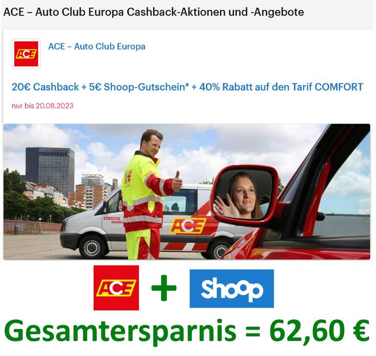 [Shoop + ACE] 20 € Cashback + 5 € Shoop-Gutschein + 40% Rabatt auf den Tarif ACE COMFORT, gesamte Ersparnis 62,60 €