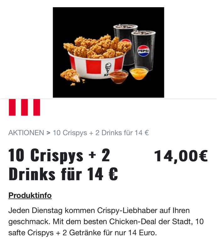 KFC 10 Crispys für 10€ (nur Dienstags)