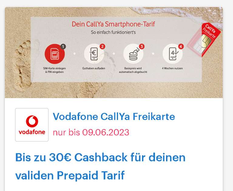 [Shoop + Vodafone] Bis zu 30,- € Cashback für einen validen CallYa Prepaid Tarif (Digital, Allnet Flat M, Allnet Flat S, Start)