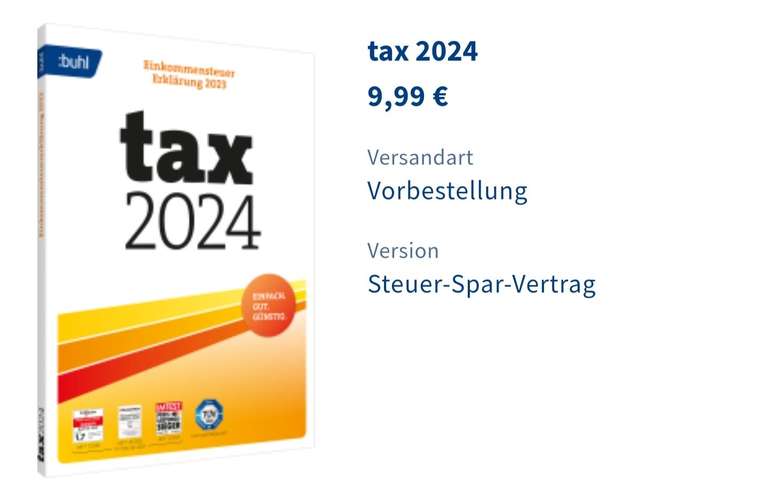 [Vorbestellung/Download] tax 2024 (Einkommenssteuererklärung 2023) für 9,99 € im Steuer-Spar-Vertrag