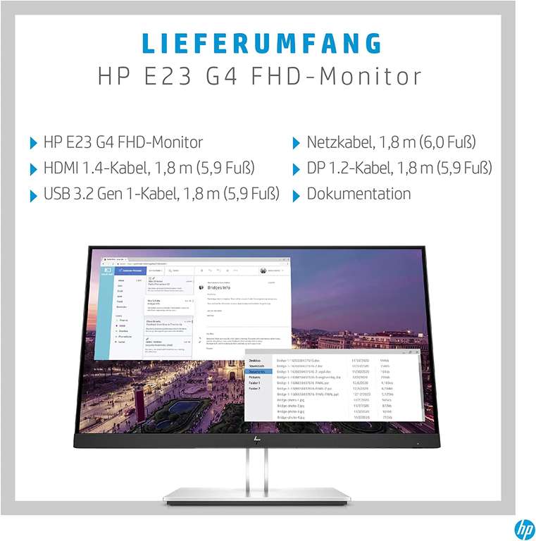 HP E23 G4 Monitor (23", 1920x1080, IPS, 60Hz, 250nits, 99% sRGB, HDMI, DP, VGA, 4x USB-A, höhenverstellbar & Pivot, 3J Garantie)