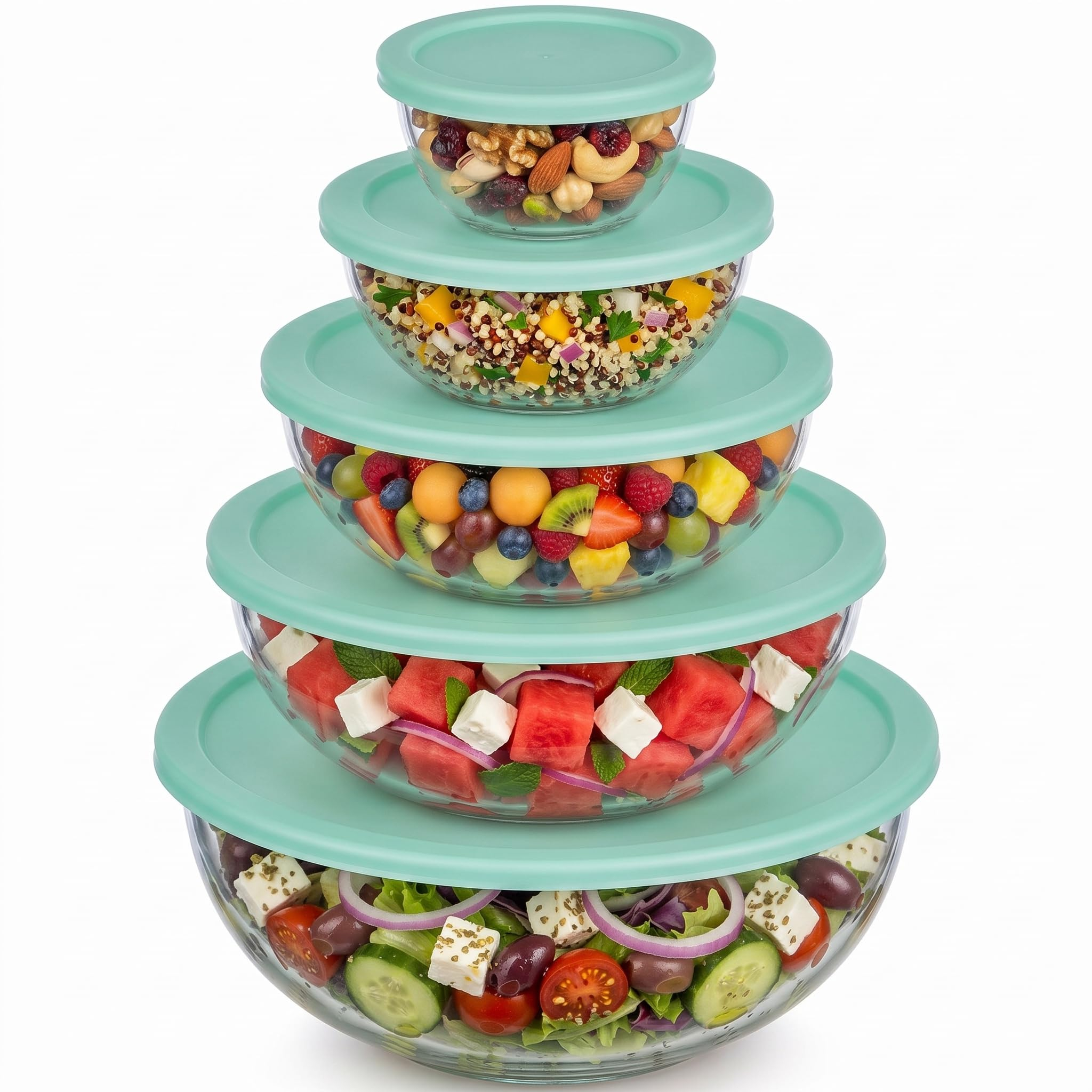 Uandu Salatschüssel mit Deckel 5-teilig – Rührschüsseln aus Borosilikatglas [Prime]