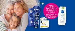 online 2+1 Nivea Duschgel Aktion (2 Produkte kaufen, NIVEA Pflege- oder Cremedusche (250 ml) geschenkt)