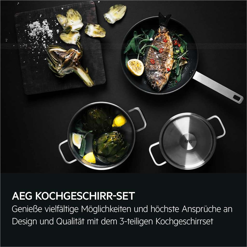 AEG 3 teiliges Koch- und Brat-Set A3SS / 1 x Bratpfanne / 2 x Töpfe /  massiver Mehrschichtboden / Antihaftbeschichtung / alle Kochfeldtypen |  mydealz