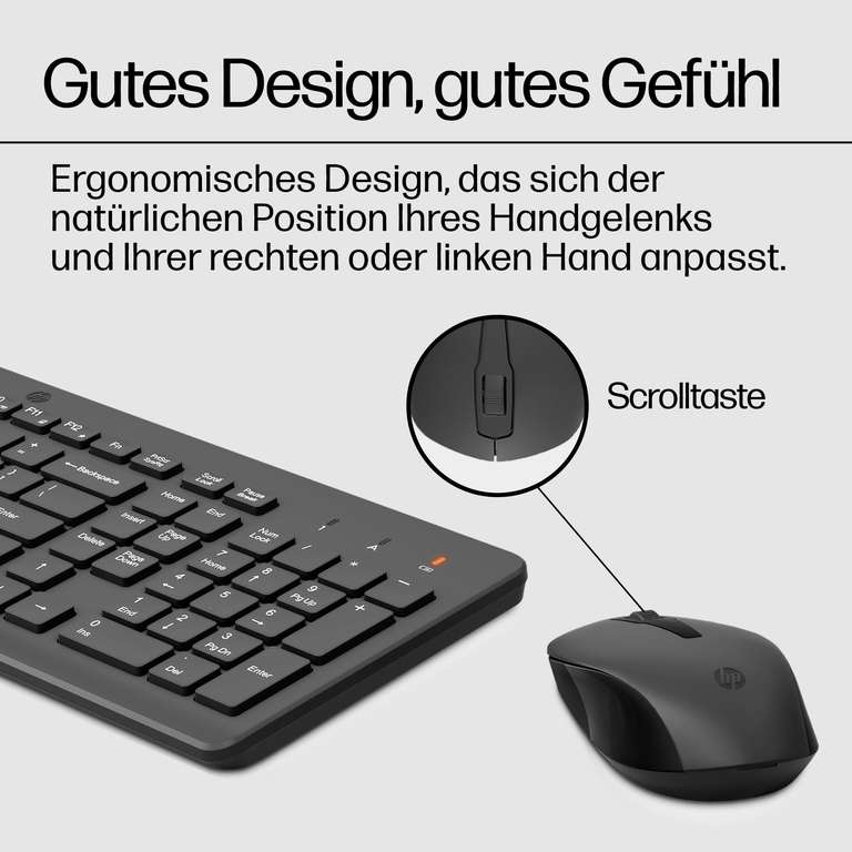 Prime: HP 330 Wireless Maus & Tastatur, QWERTZ, USB-A Dongle, 2,4-GHz Kabellos, 1600 DPI, Schwarz
