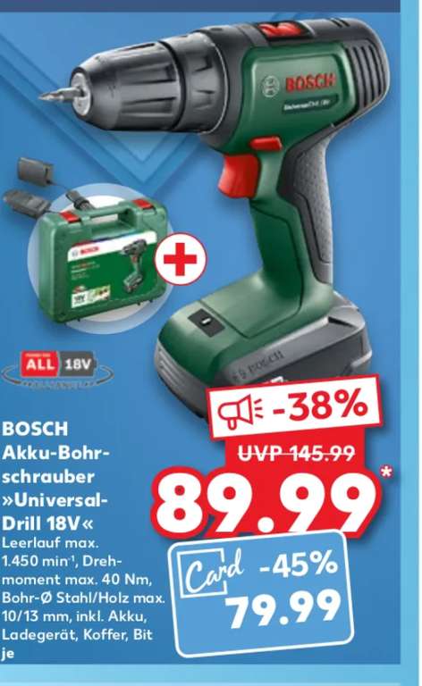 (Kaufland Card) Bosch Universal Drill 18V inkl. Akku, Ladegerät und Koffer (weiter Geräte in der Werbung)