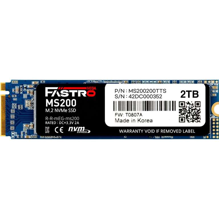 2TB Mega Fastro MS200 M.2 SSD (PCIe 3.0 x4, 3D-NAND TLC, R3400/W3000, TBW 1,2 PB)