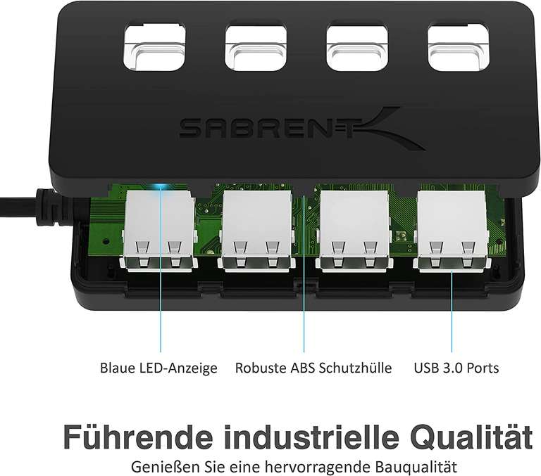[Prime] Sabrent HB-UM43 USB-Verteiler (4x USB-A 3.0 mit separatem Ein-/Aus-Schalter, zusammen bis 5Gbit/s, LED-Beleuchtung)