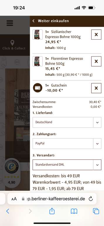 10 Euro Gutschein für Berliner Kaffeerösterei / Espresso / Filterkaffee / Rohkaffe / uvm.