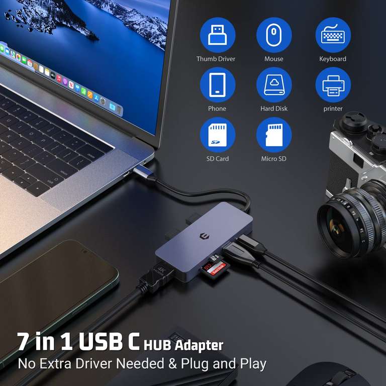 [Amazon] 7 In 1 USB C-Adapter mit 4K HDMI Dual Display, 100W Typ C PD, 3 USB 3,0 5Gbit/s, SD/TF, USB C
