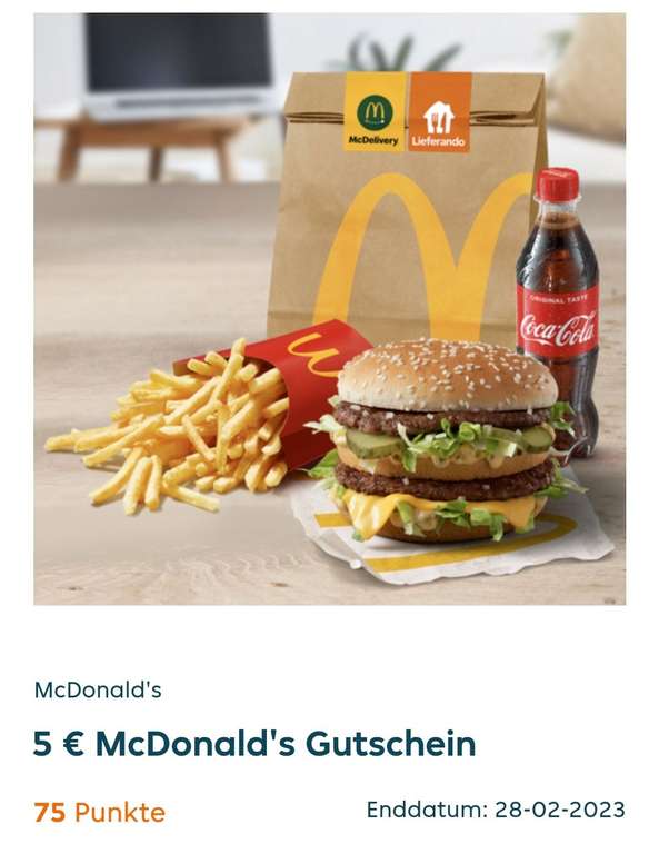 [Lieferando Prämienshop] 5 € McDonald's Gutschein für 75 Prämienpunkte, MBW 10 €