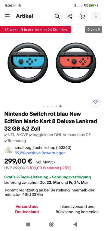 Nintendo Switch rot blau New Edition Mario Kart 8 Deluxe Lenkrad 32 GB 6,2 Zoll